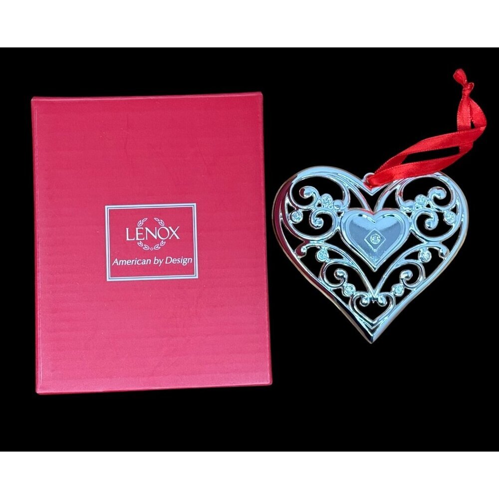 Lenox Sparkle & Scroll Heart-Crystal Ornament Silver-Tone Red Ribbon Christmas